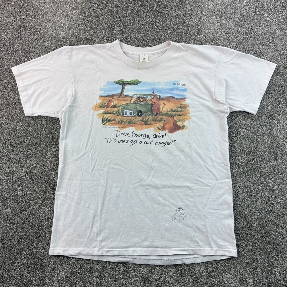 Vintage The Far Side Safari Shirt Mens XL White Gary Larson Lion Comic 1987